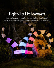 Halloween lawn snakes
Inflatable Halloween decor
Inflatable lawn snakes
Inflatable black and white worms
Light-up Halloween
3x waterproof multi-color lights included
Each lawn snake requires 3x AAA batteries - not included